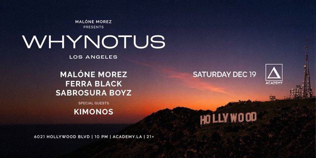 Event flyer for WHYNOTUS Los Angeles listing the lineup over a dusk sky and the Hollywood sign on a hillside