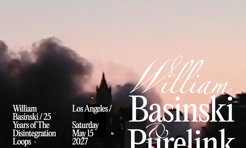 Event flyer with a dusk skyline and smoke plume, the names William Basinski and Purelink in white type, and the date Saturday May 15 2027