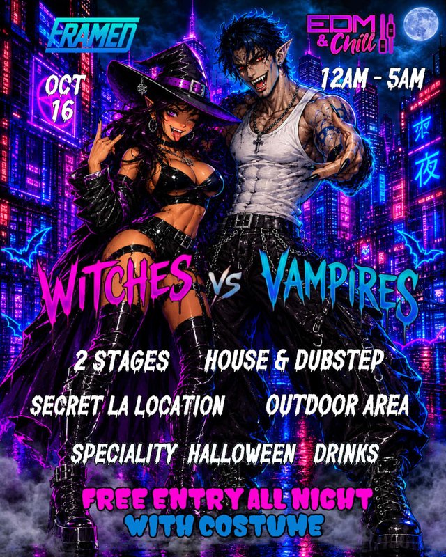Neon-lit Witches vs Vampires event flyer showing a witch and a vampire against a purple city skyline, with Oct 16, 12AM to 5AM