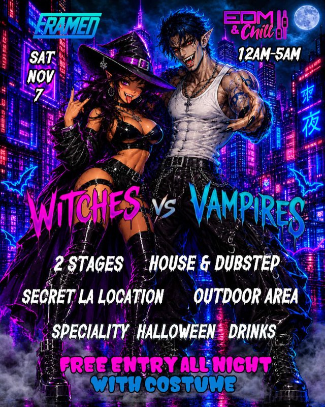 Illustrated flyer showing a witch and a vampire posed back to back against a neon city skyline, with the event details in dripping neon lettering