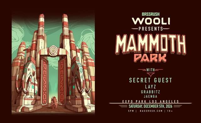 Mammoth Park flyer: an illustrated stone gateway flanked by mammoth-tusked towers, with a small woolly mammoth walking through, beside the Wooli lineup and the date Saturday, December 5th, 2026