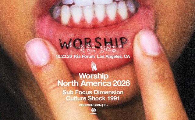 Tour poster showing a lower lip pulled down to reveal a WORSHIP tattoo, with the Kia Forum date and the Sub Focus, Dimension, Culture Shock and 1991 lineup in white type