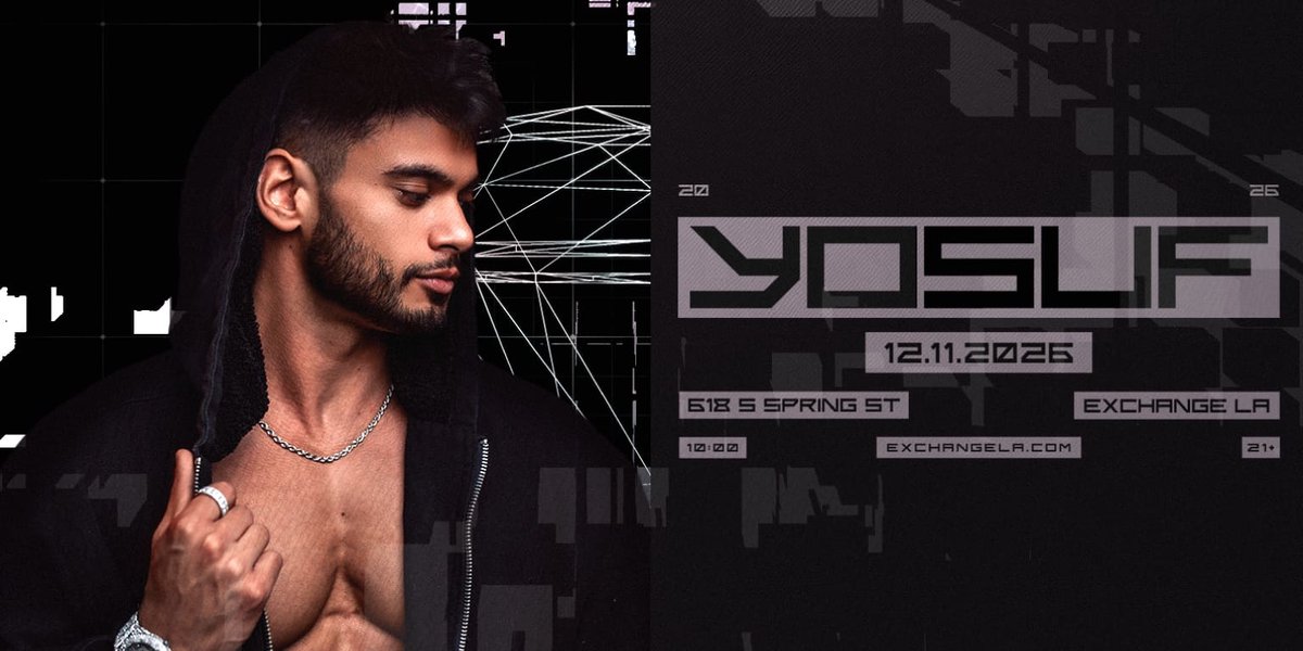 Event flyer with a bearded man in a dark hooded jacket looking down beside the name Yosuf, the date 12.11.2026 and Exchange LA