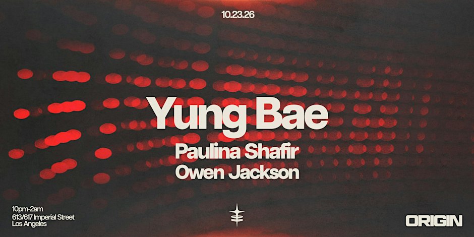 Event flyer with red blurred lights and the names Yung Bae, Paulina Shafir and Owen Jackson over a dark background