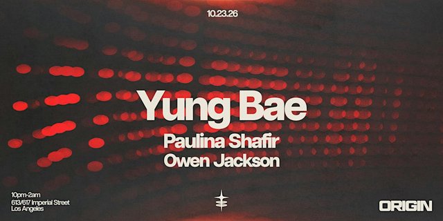 Event flyer with red blurred lights and the names Yung Bae, Paulina Shafir and Owen Jackson over a dark background