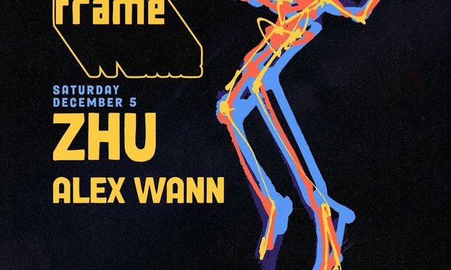 Event poster with Zhu and Alex Wann billed for Saturday December 5, beside a neon line drawing of a dancing figure