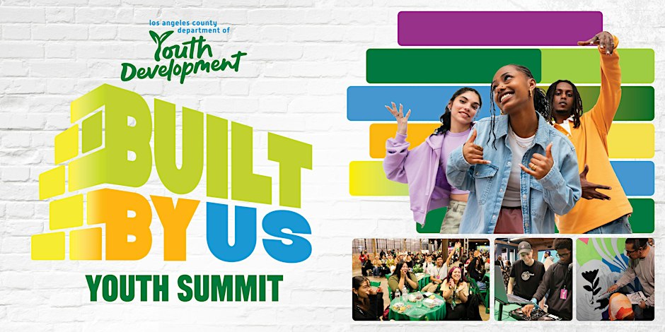 Event flyer for the Built by Us Youth Summit showing three smiling teens posing and smaller photos of a crowded room and a DJ booth