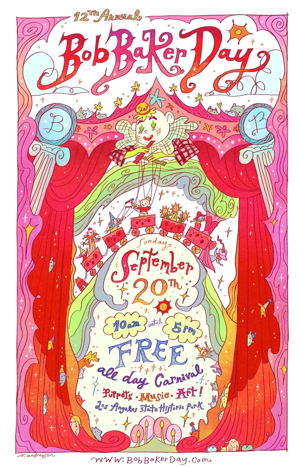 Colorful event flyer for Bob Baker Day 2026 at Los Angeles State Historic Park