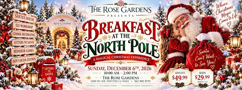 Event poster for Breakfast at the North Pole showing Santa, a child whispering to him, and a snowy Christmas village entrance
