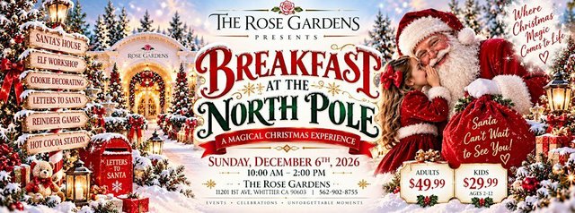 Event poster for Breakfast at the North Pole showing Santa, a child whispering to him, and a snowy Christmas village entrance