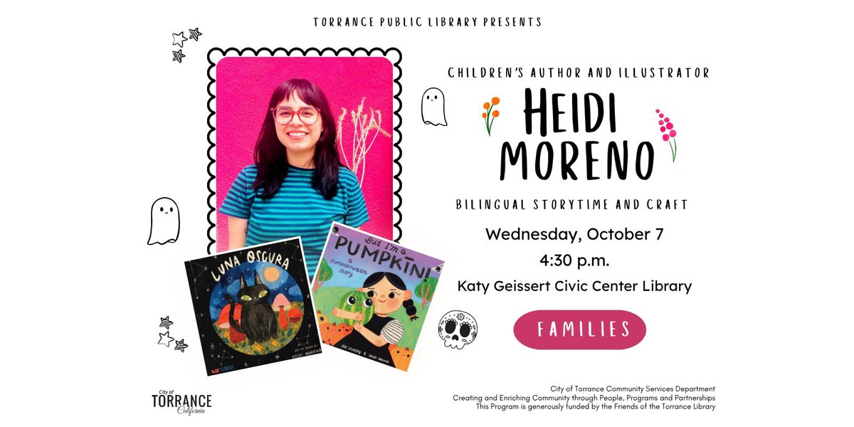 Event flyer with a photo of Heidi Moreno smiling in front of a pink wall, beside the covers of her picture books Luna Oscura and But I'm a Pumpkin