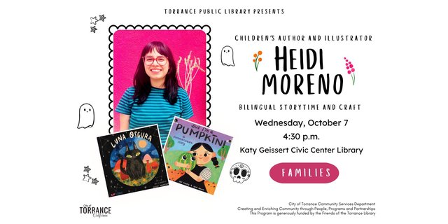 Event flyer with a photo of Heidi Moreno smiling in front of a pink wall, beside the covers of her picture books Luna Oscura and But I'm a Pumpkin