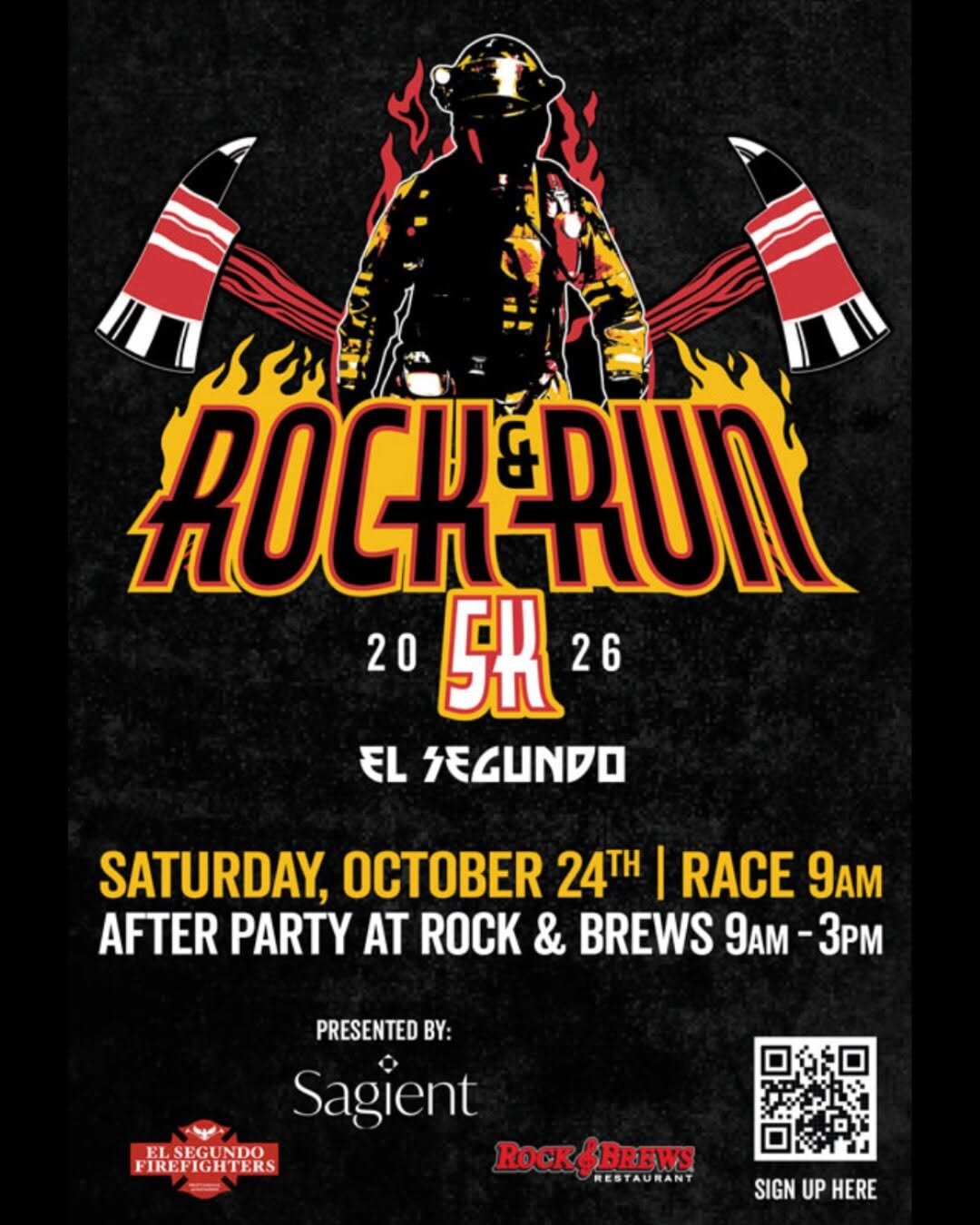 Black and gold flyer for the El Segundo Rock & Run 5K showing a firefighter in turnout gear between two crossed axes