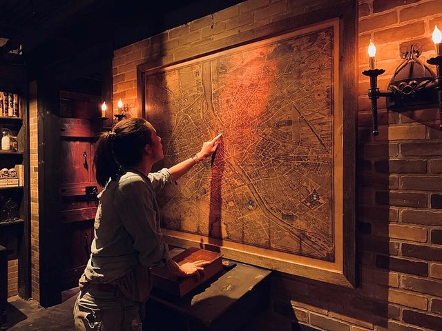 A woman in a dim, candlelit brick room points at a large antique city map in a wooden frame