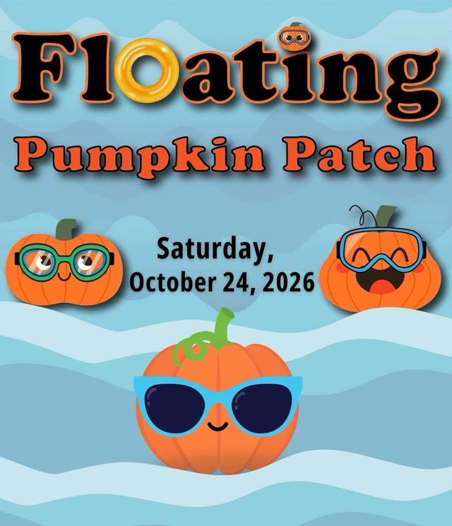 Event flyer showing three cartoon pumpkins in swim goggles and sunglasses floating on blue water, with the date Saturday, October 24, 2026