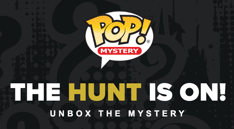 Funko POP! Mystery logo above the words The Hunt Is On and Unbox the Mystery on a dark patterned background