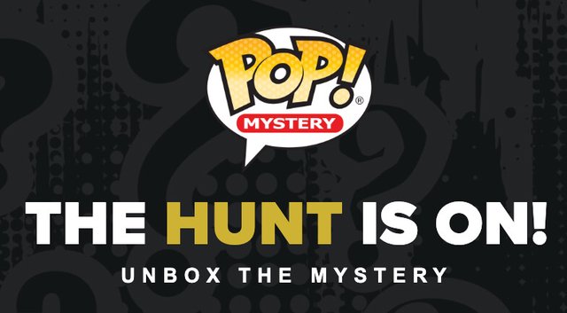 Funko POP! Mystery logo above the words The Hunt Is On and Unbox the Mystery on a dark patterned background
