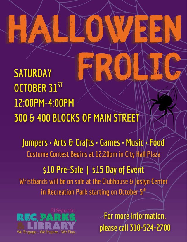 Purple flyer for the El Segundo Halloween Frolic with orange lettering, a spider and the event details