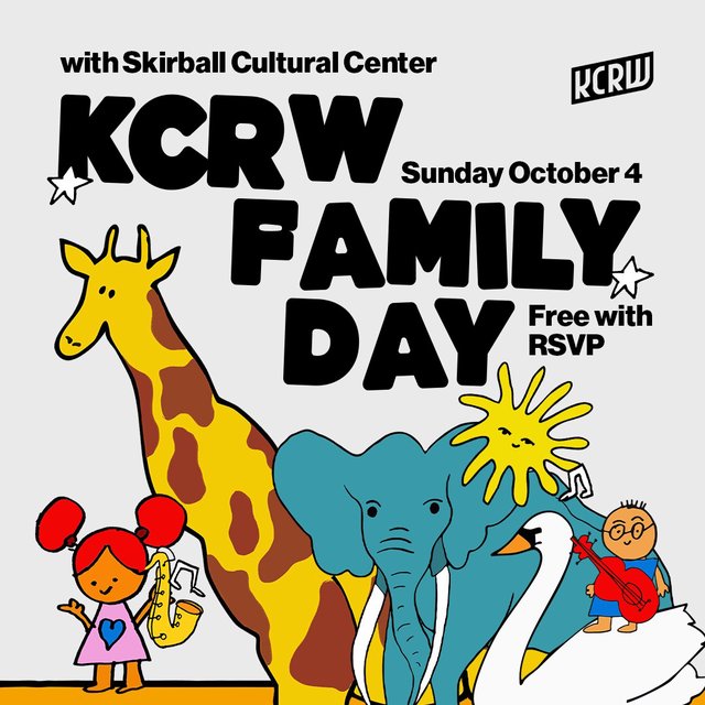 KCRW Family Day flyer for Sunday October 4 with cartoon giraffe, elephant and swan beside kids playing saxophone and guitar