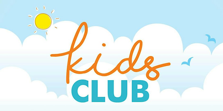 Kids Club logo in orange and teal lettering over a cartoon sky with a sun and clouds