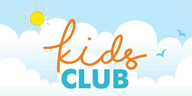 Kids Club logo in orange and teal lettering over a cartoon sky with a sun and clouds