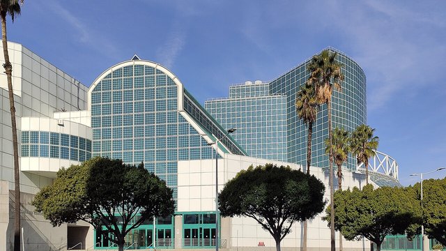 Exterior of the Los Angeles Convention Center building downtown, seen from the street