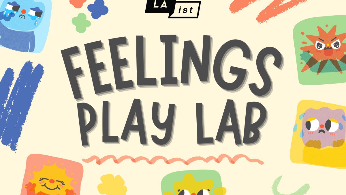 Illustrated event art reading Feelings Play Lab with cartoon faces showing sad, angry, happy and worried feelings