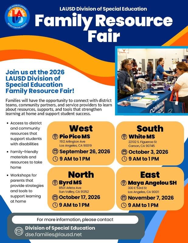 LAUSD Division of Special Education Family Resource Fair flyer listing the West, South, North and East fair dates and schools