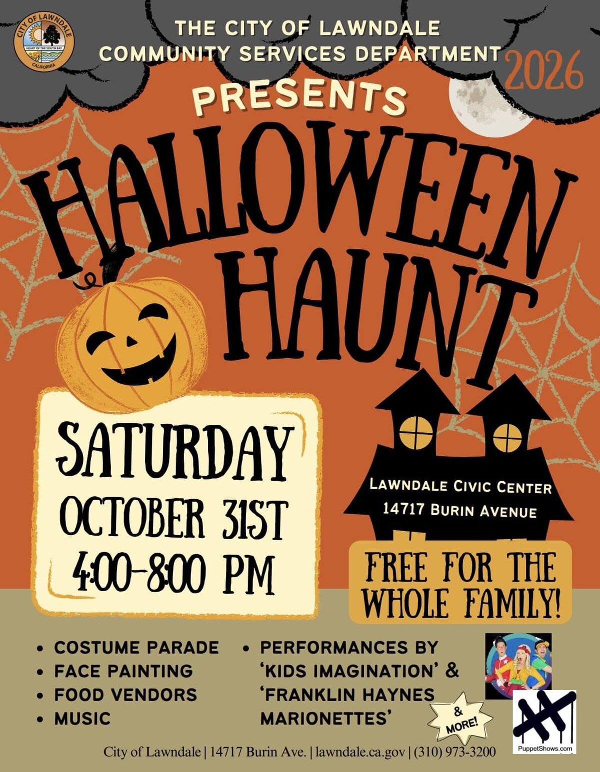 Orange and black flyer for the Lawndale Halloween Haunt with a smiling pumpkin and a haunted house