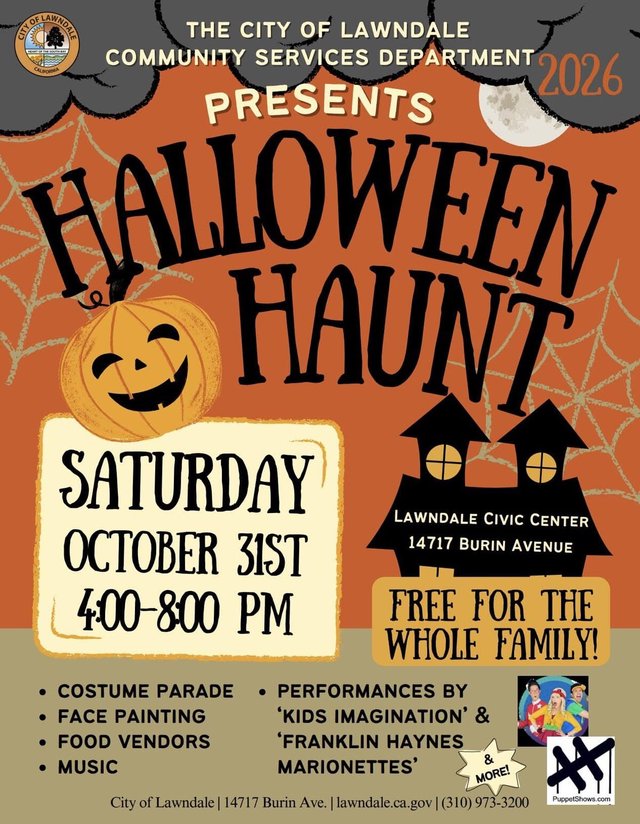 Orange and black flyer for the Lawndale Halloween Haunt with a smiling pumpkin and a haunted house