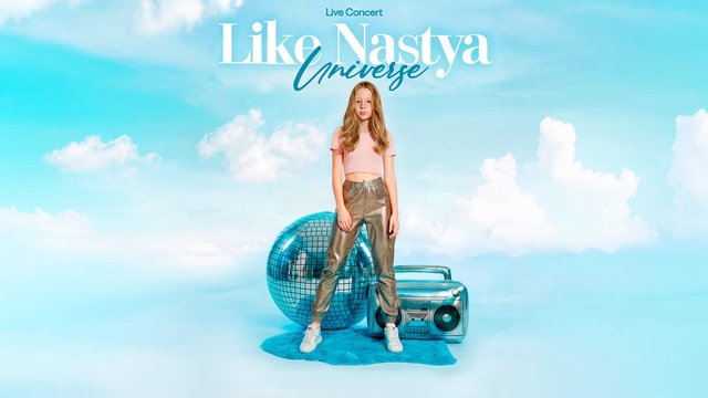 Like Nastya in a pink top and metallic silver pants standing in front of a mirror ball and a silver boombox against a sky blue cloud backdrop, under the Like Nastya Universe live concert title