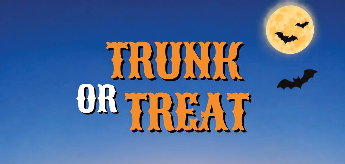 Orange Trunk or Treat lettering over a blue dusk sky with a full moon and bats
