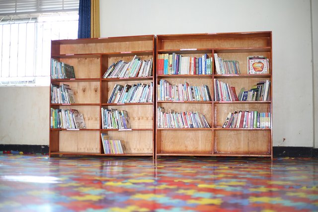 Two wooden bookcases filled with books standing on a brightly checkered floor