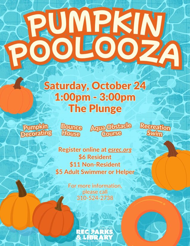 Pumpkin Poolooza flyer with a pumpkin illustration, the date Saturday, October 24 and The Plunge