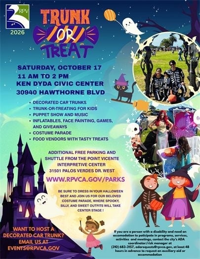 Event flyer for the Rancho Palos Verdes Trunk or Treat showing costumed kids and the Oct 17 schedule