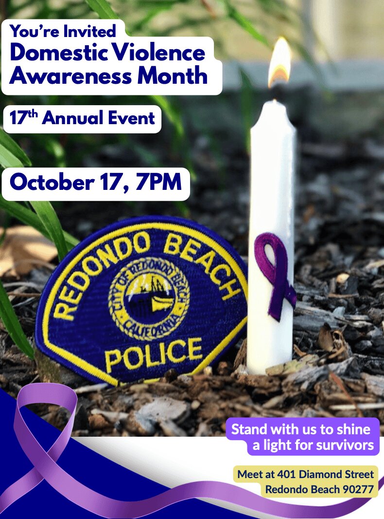Event flyer showing a lit white candle wrapped in a purple awareness ribbon beside a Redondo Beach Police patch