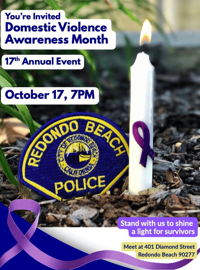 Event flyer showing a lit white candle wrapped in a purple awareness ribbon beside a Redondo Beach Police patch