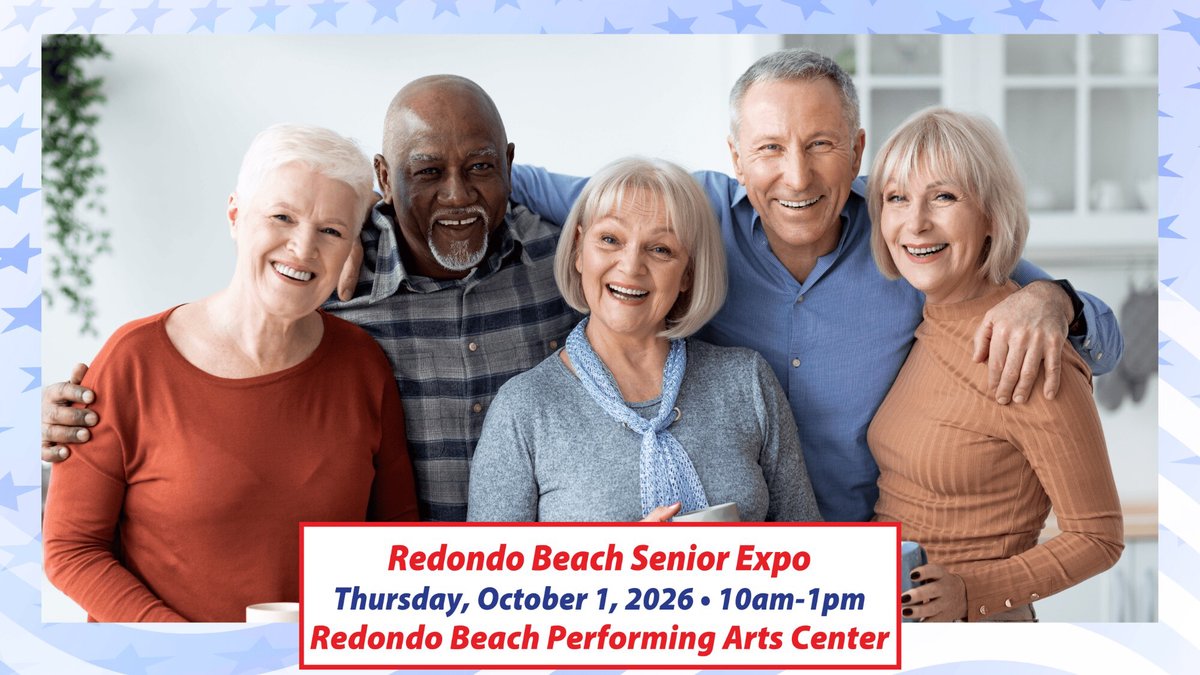 Five smiling older adults with arms around each other above a banner reading Redondo Beach Senior Expo, October 1, 10am to 1pm
