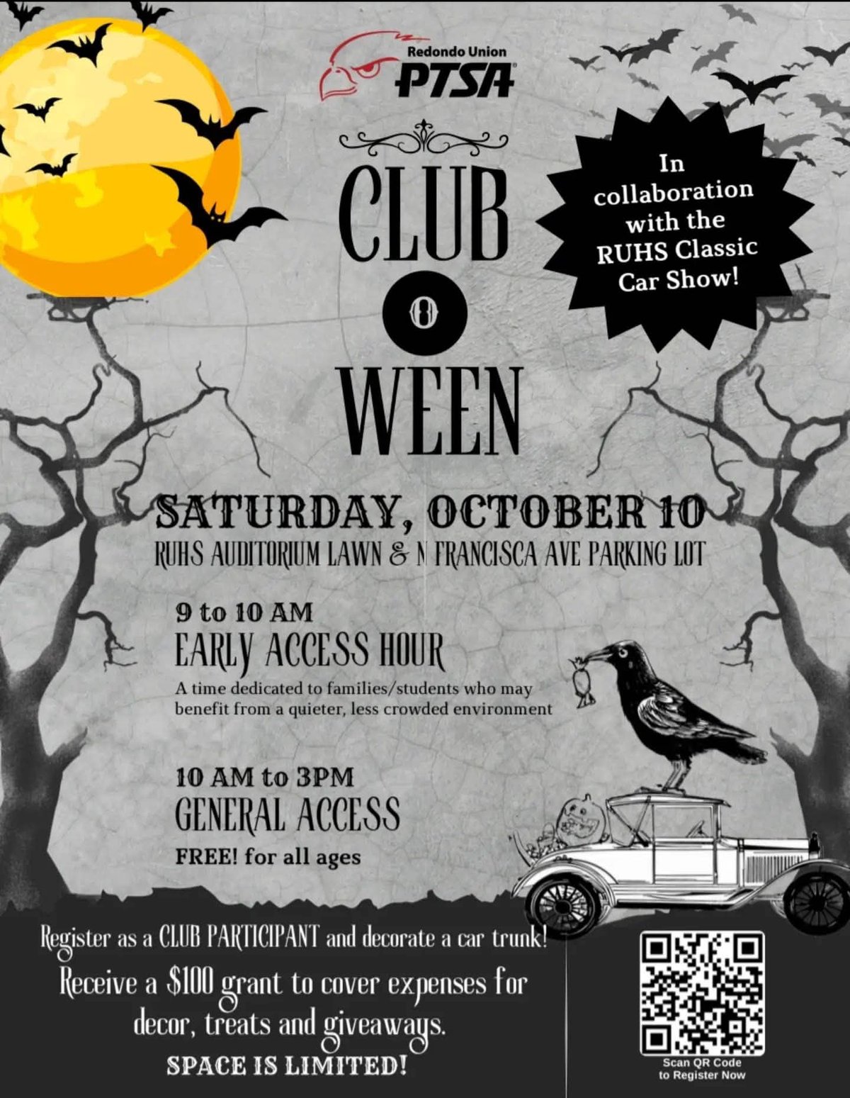 Illustrated flyer for the RUHS Club-O-Ween trunk-or-treat at Redondo Union High School