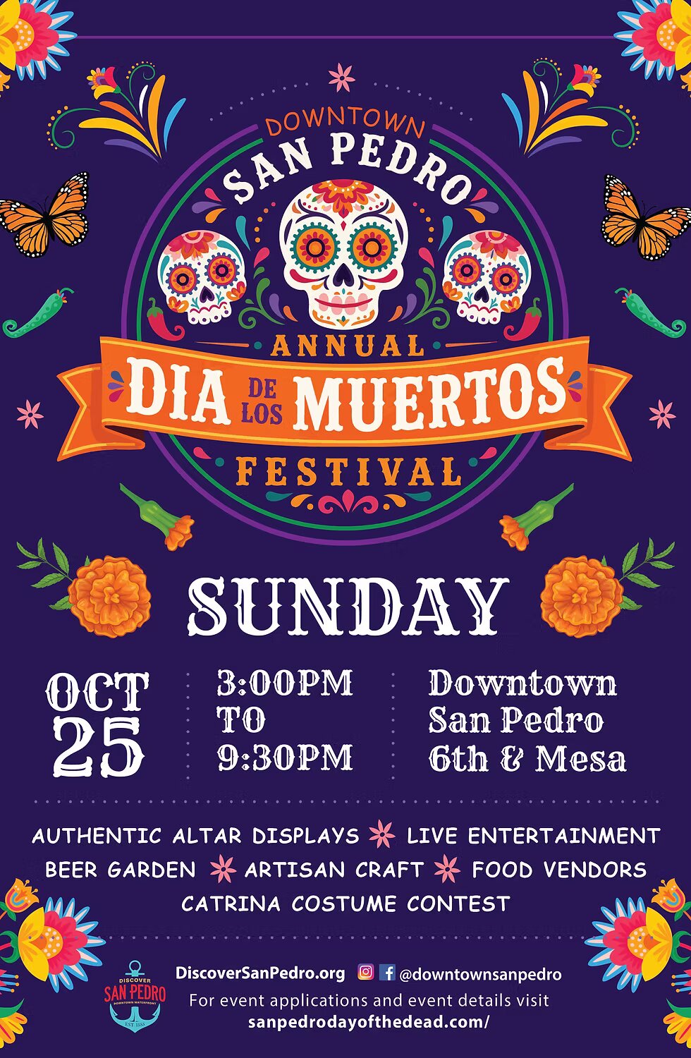 Purple festival poster with sugar skulls, marigolds and butterflies announcing the Downtown San Pedro Dia de los Muertos Festival
