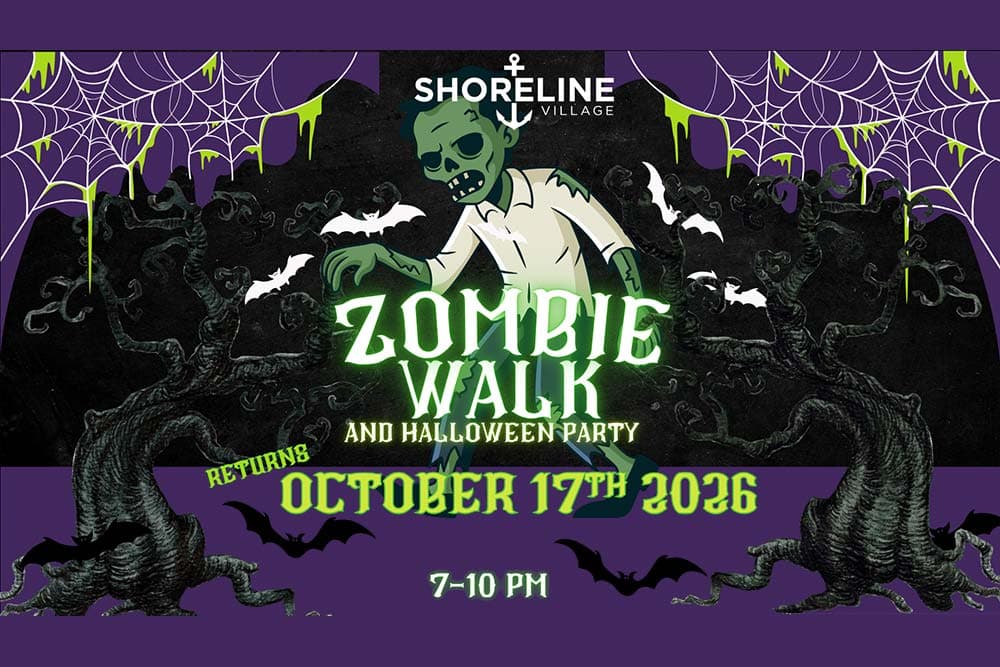Flyer for the 2026 Shoreline Village Zombie Walk and Halloween Party in Long Beach