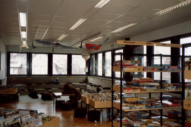 Children's section of a library with picture book bins, low seating steps and stuffed animals by a bank of windows