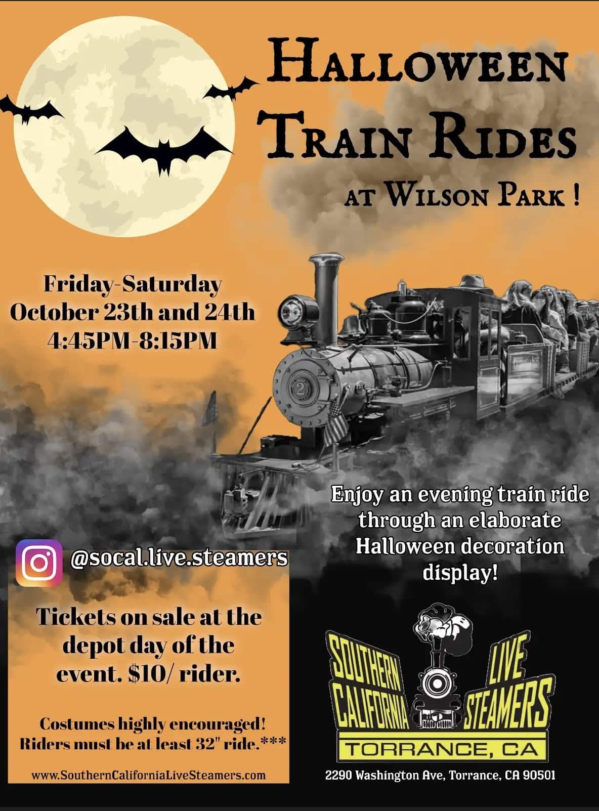 Orange Halloween flyer showing a steam locomotive with passengers, a full moon and bats above Wilson Park