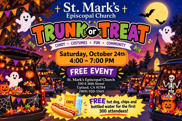 Event flyer for St. Mark's Trunk or Treat showing decorated car trunks, ghosts and pumpkins under a night sky