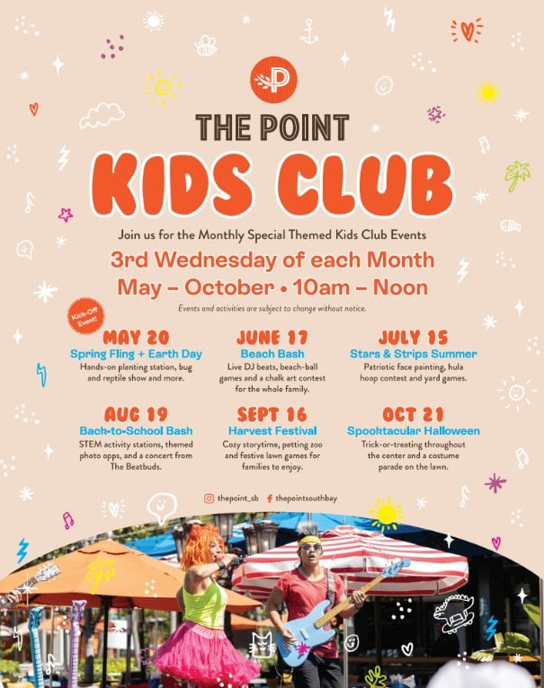 Promotional flyer for The Point Kids Club monthly themed kids events at The Point in El Segundo