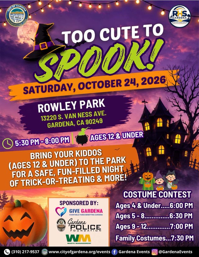 Too Cute to Spook 2026 event poster for the Halloween celebration at Rowley Park
