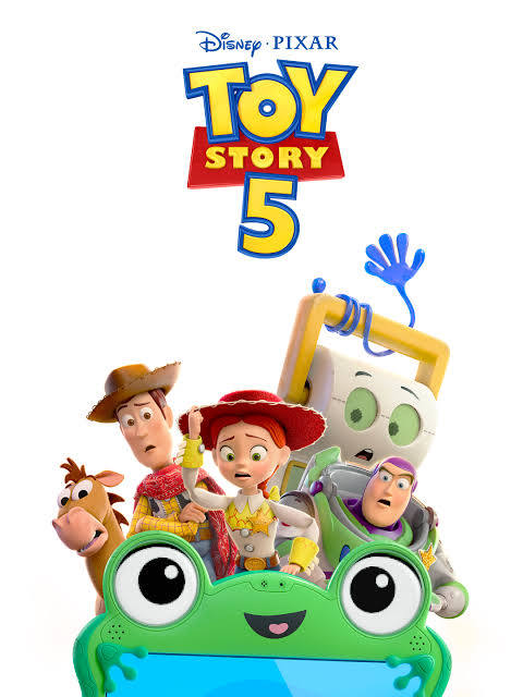 Poster for Toy Story 5 showing Woody, Jessie, Buzz Lightyear and Bullseye behind a green frog-shaped tablet