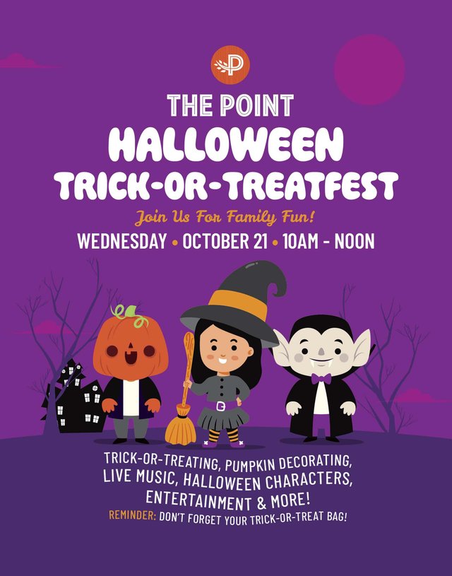 Illustrated Halloween flyer for The Point Trick-or-Treatfest showing a pumpkin-headed kid, a witch and a vampire on a purple background