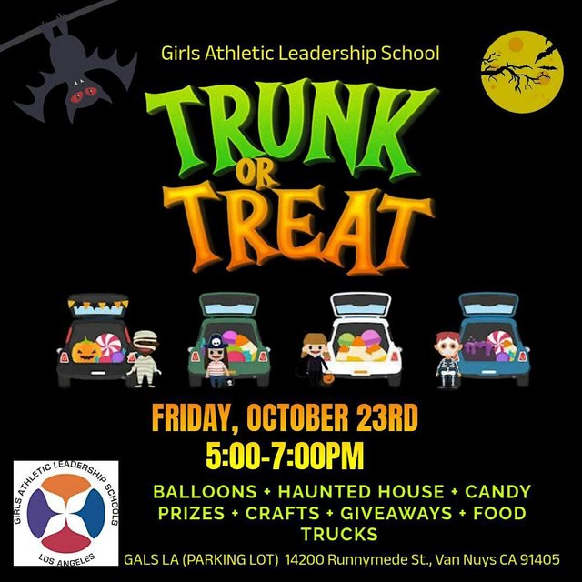 Halloween flyer with green and orange Trunk or Treat lettering above cartoon decorated car trunks and costumed kids