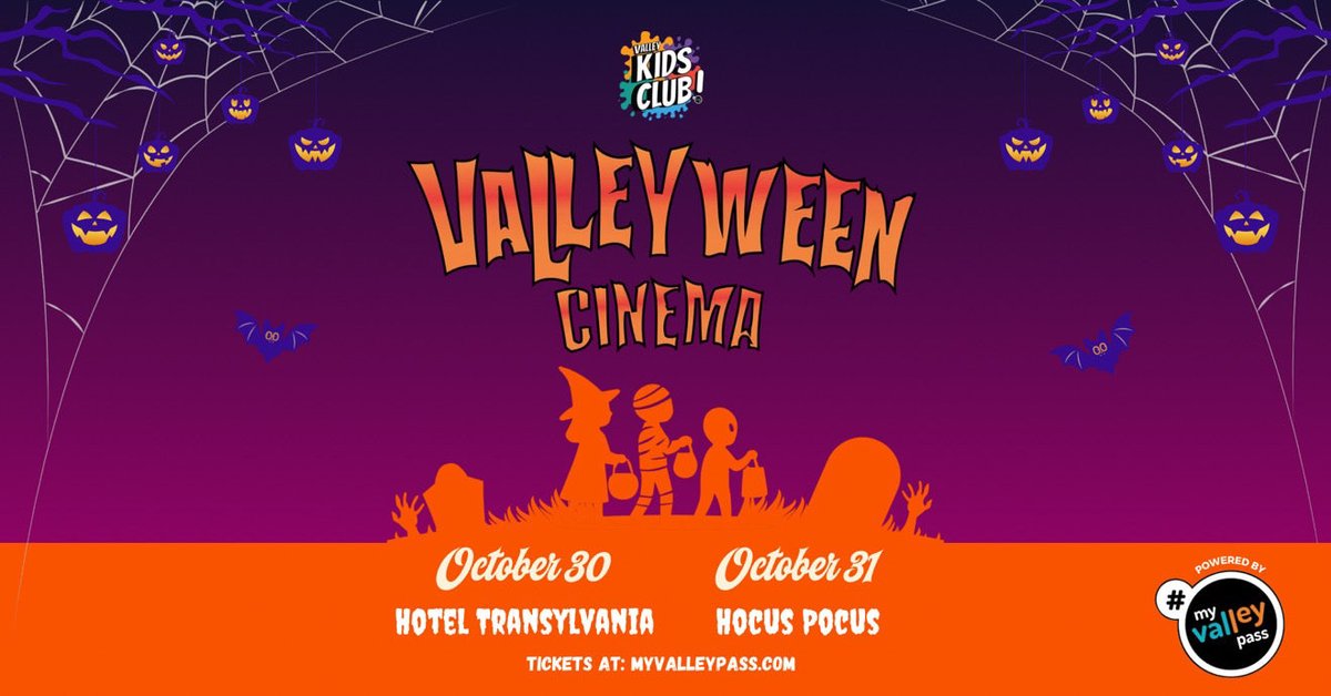Valleyween Cinema poster with jack-o'-lanterns, bats and silhouetted trick-or-treating kids, listing Hotel Transylvania on October 30